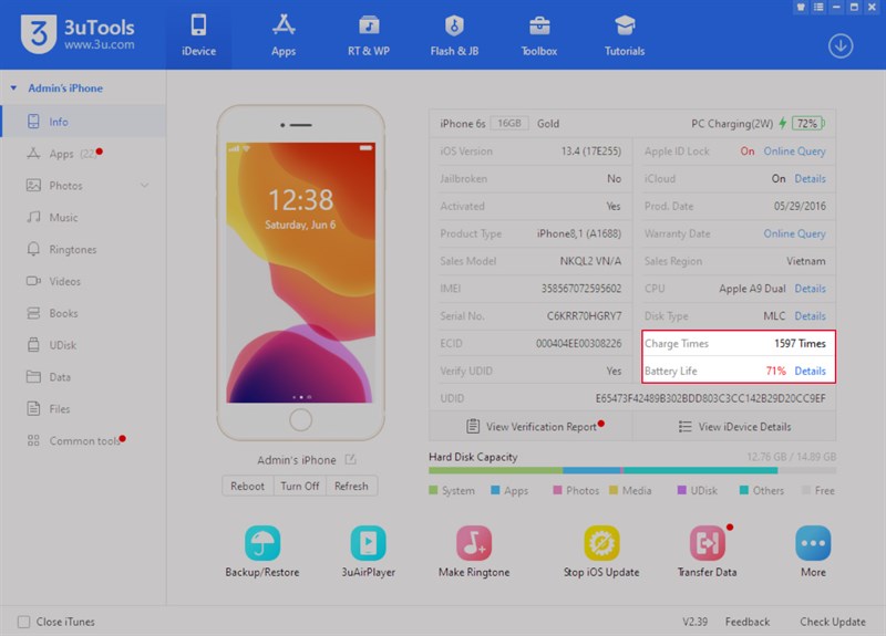 Kiểm tra bằng phần mềm 3uTools